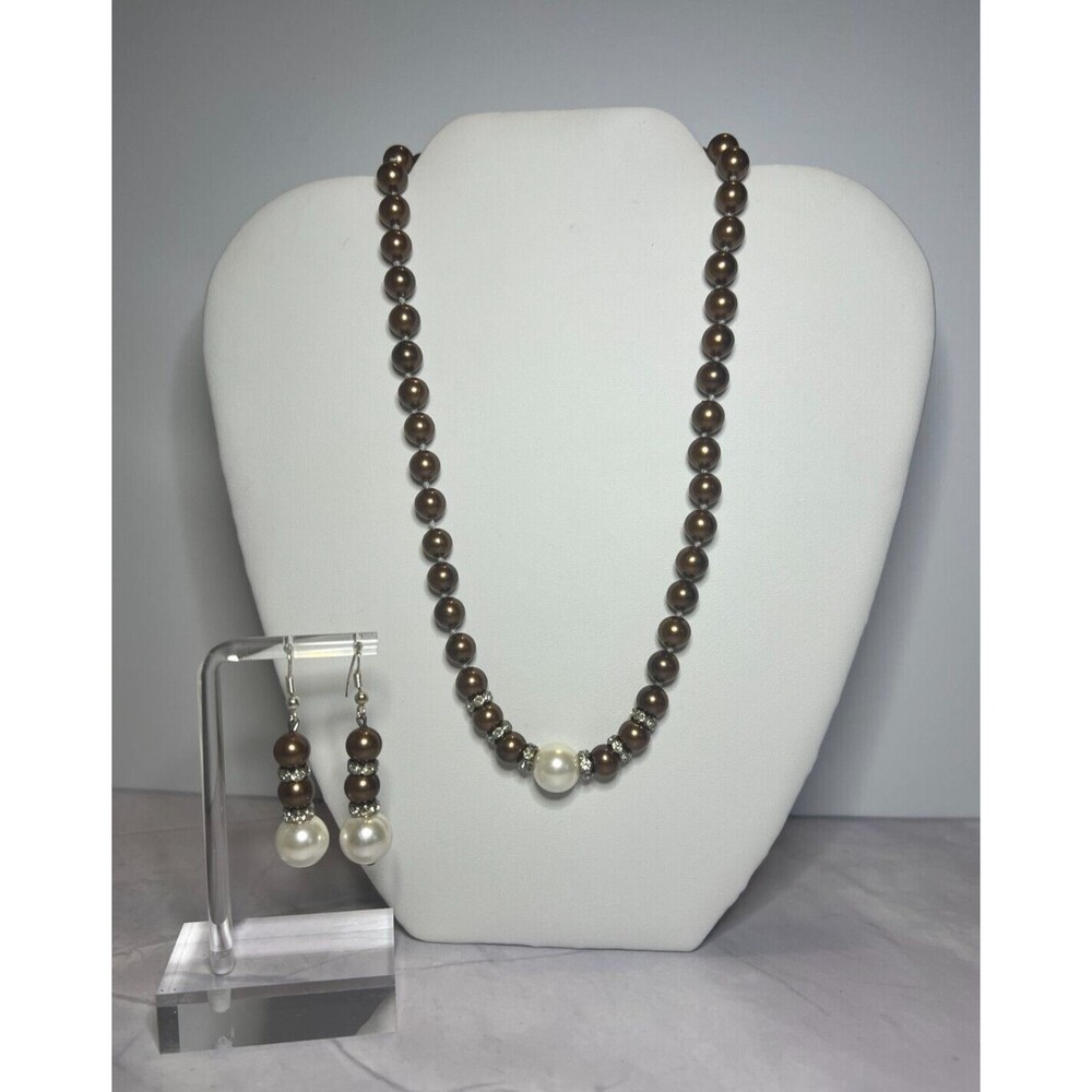 Bronze/White/Rhinestone South Pacific Shell Pearls Necklace & Earring Set (0115)